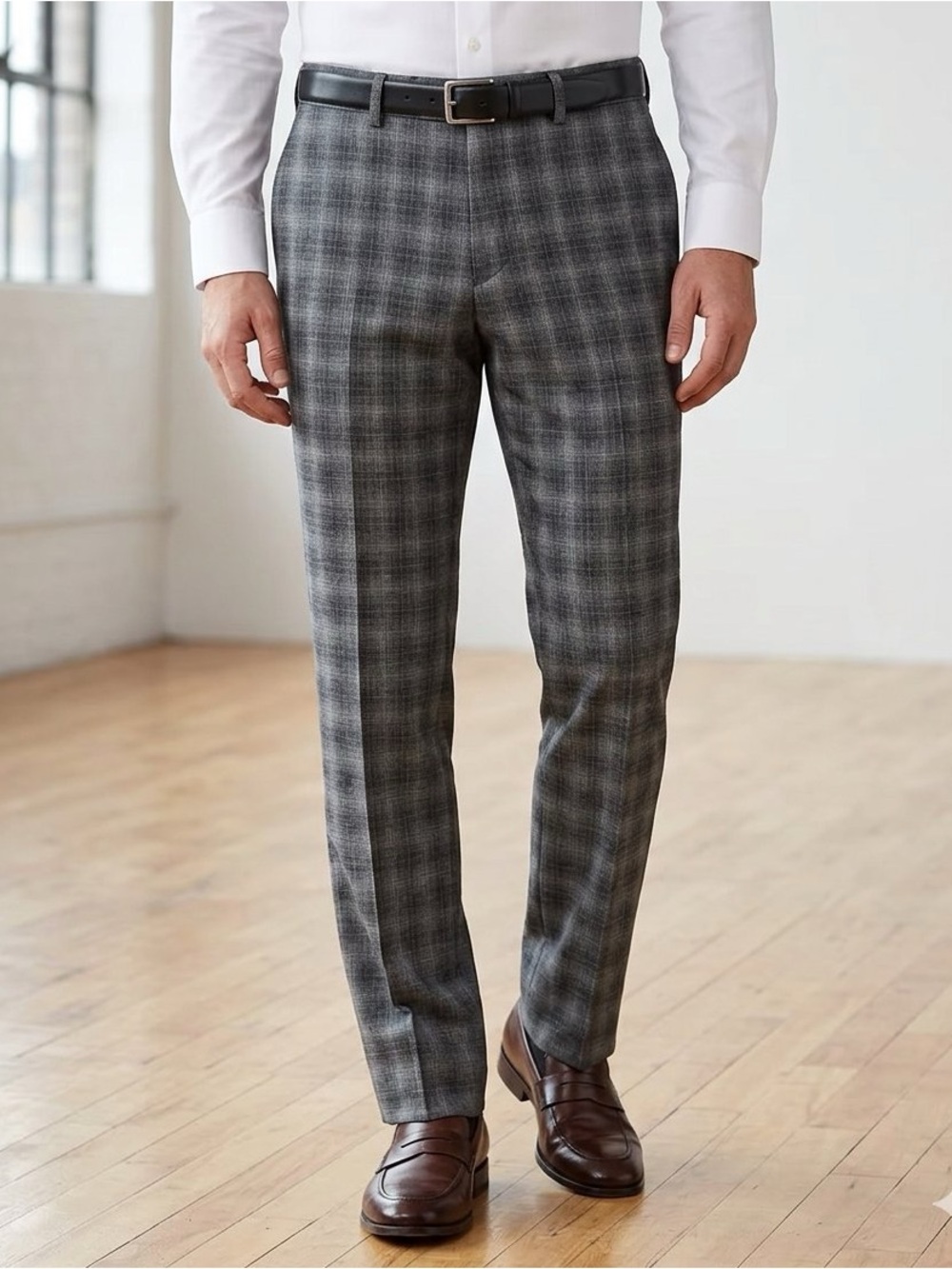 John Varvatos Star USA Grey Plaid Flat Front Dress Pants Men’s 30R Stretch